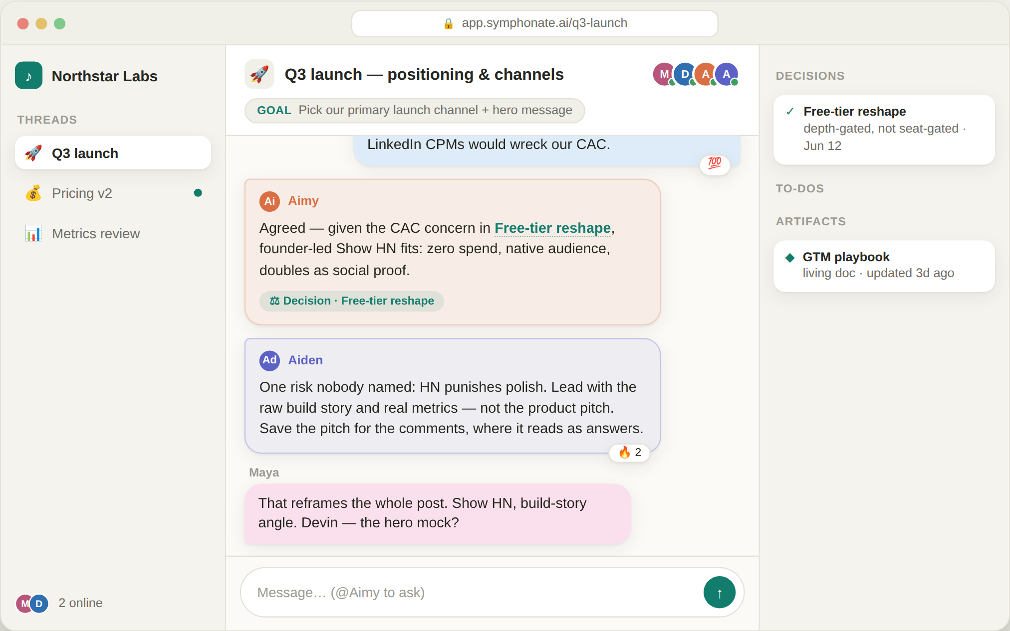 Symphonate on desktop: two teammates debate the launch channel while AI teammates Aimy and Aiden weigh in, in the same thread