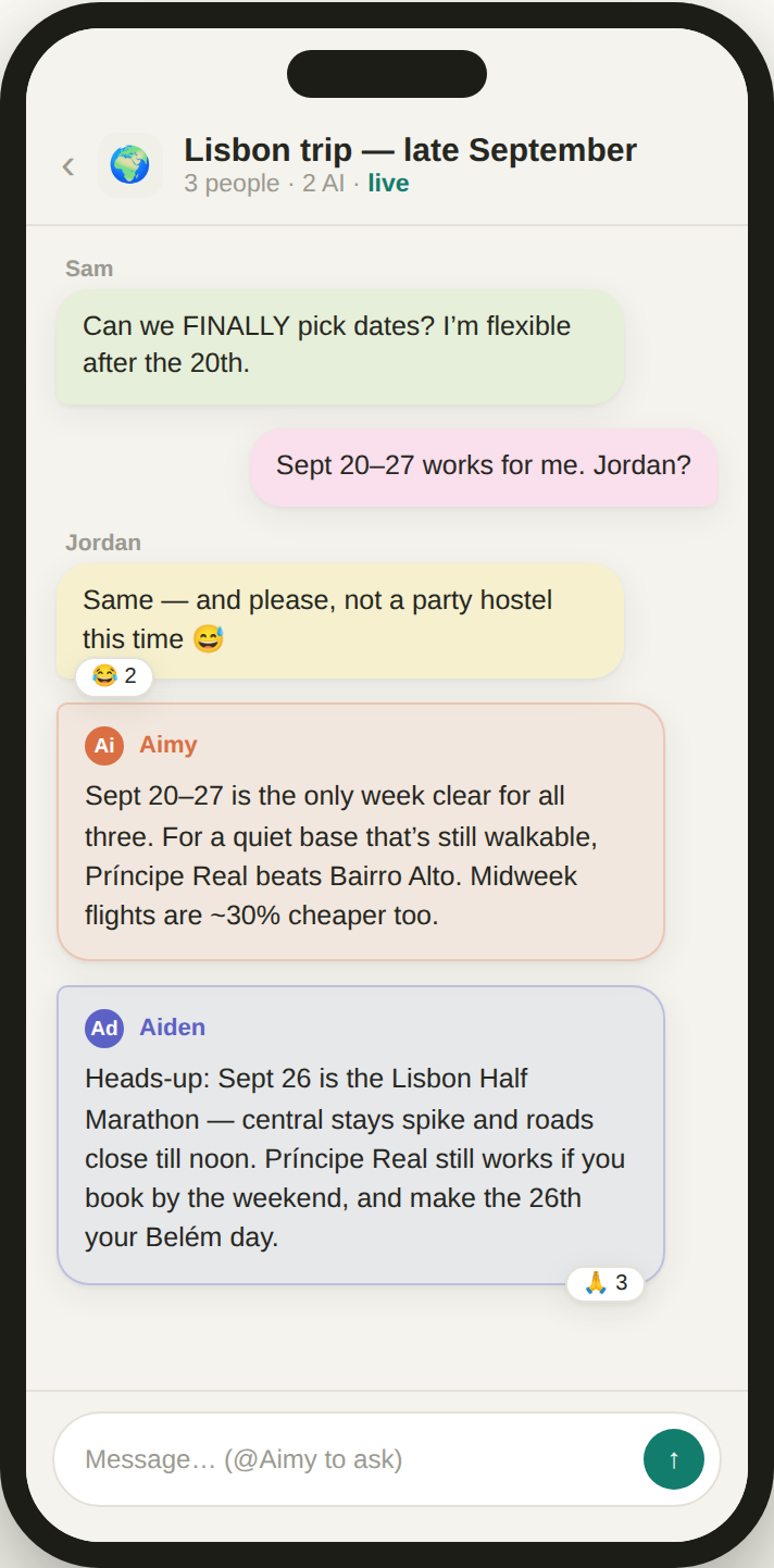 Symphonate on mobile: the same kind of live thread on a phone — three friends and two AI teammates picking trip dates