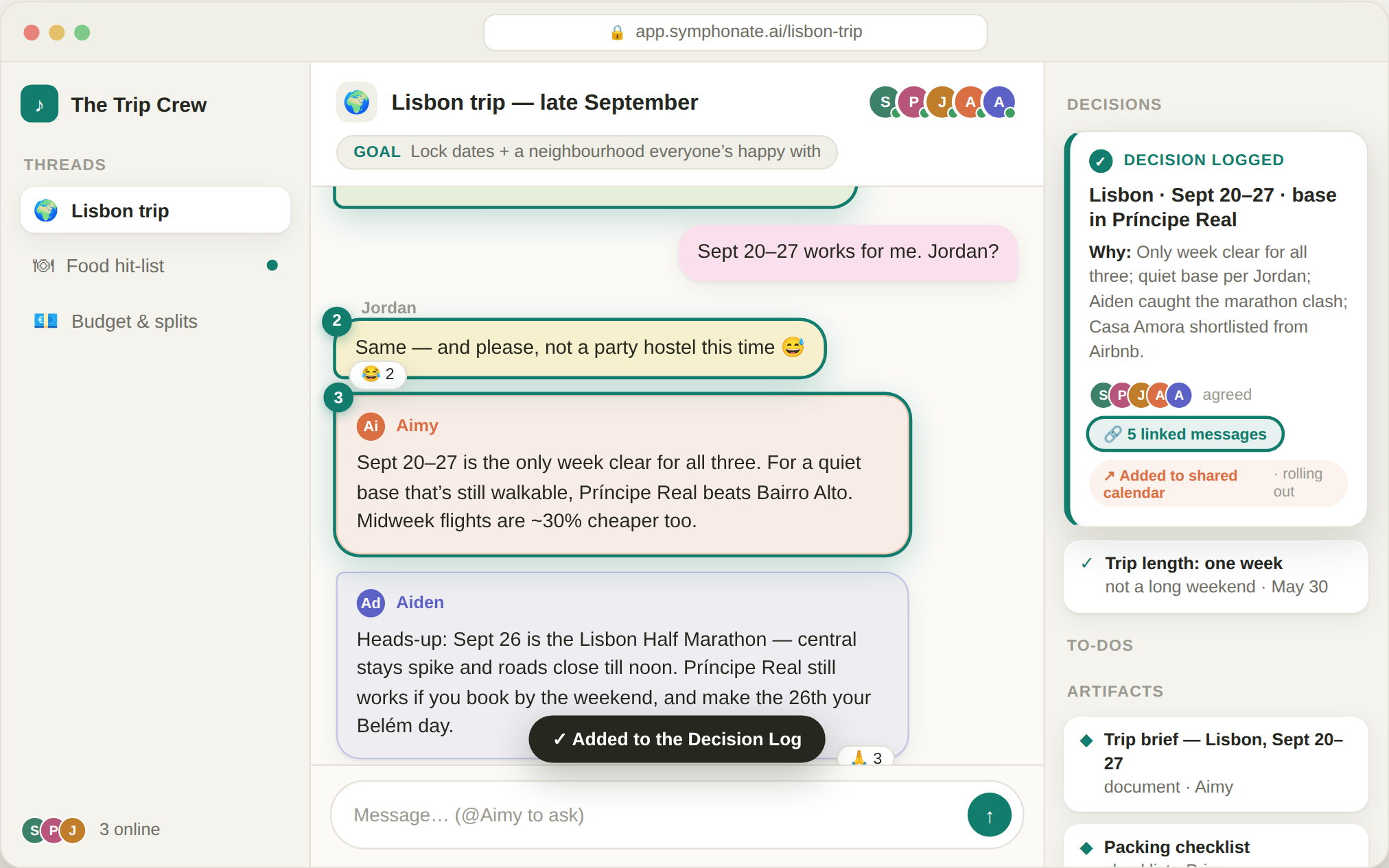 Symphonate on desktop: a logged decision in the Work rail linking five messages, with numbered provenance badges on the exact source messages