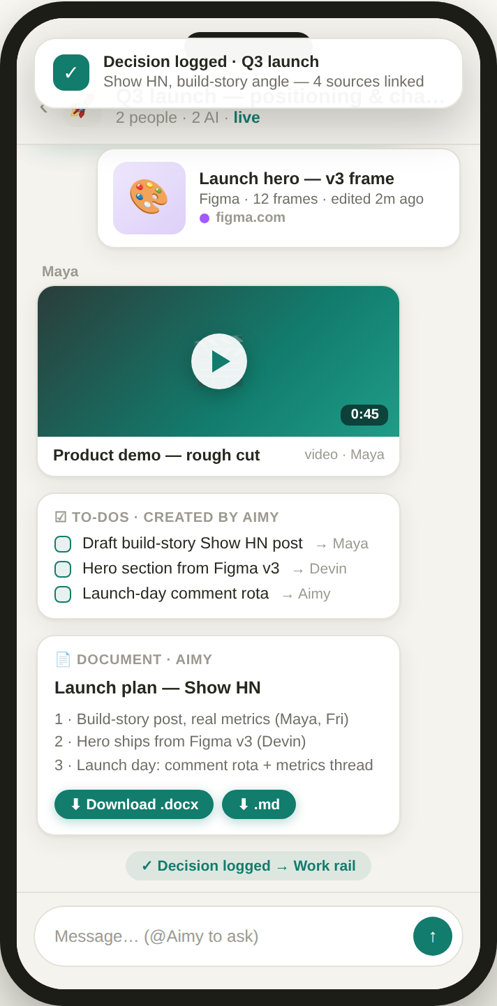 Symphonate on mobile: a push notification confirms the decision was logged, above the launch-plan document in the thread