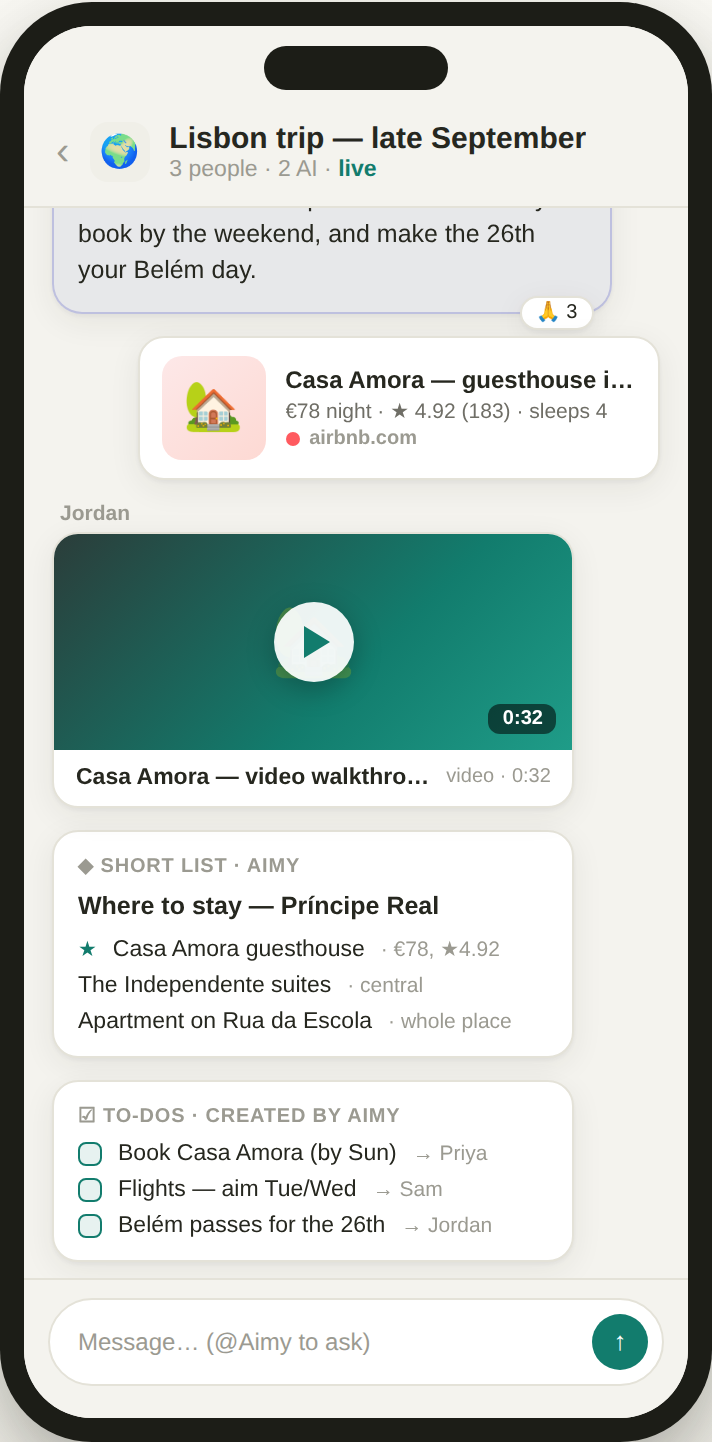 Symphonate on mobile: the workspace's shared memory on a phone — Aimy's shortlist artifact and the launched to-dos in the thread